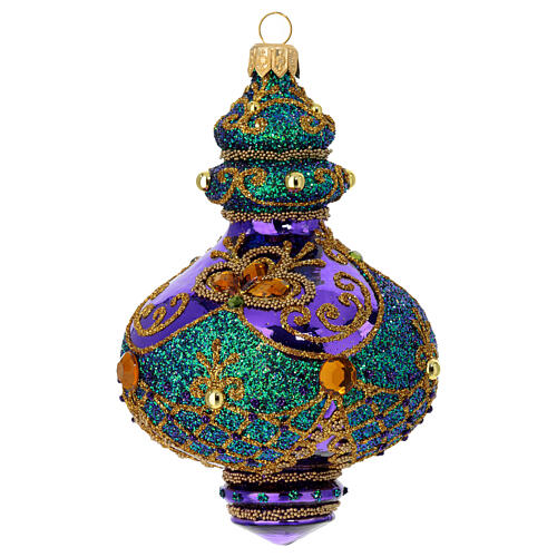 Christmas ornament of purple blown glass with green and gold glitter and strass, 3 in 2