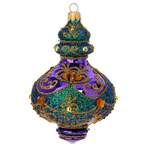 Christmas ornament of purple blown glass with green and gold glitter and strass, 3 in 3