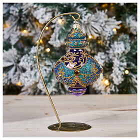 Bola Navidad vidrio soplado violeta motivo purpurina verde oro cuentas strass 80 mm