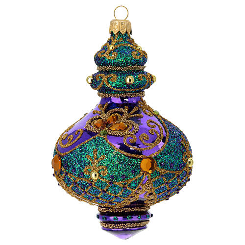 Pallina Natale vetro soffiato viola decoro glitter verde oro strass 80 mm 3