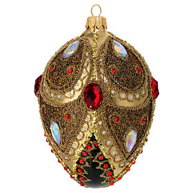 Egg-shaped Christmas ball, black blown glass with gold lines, gold glitter, red and white strass, 2.5 in