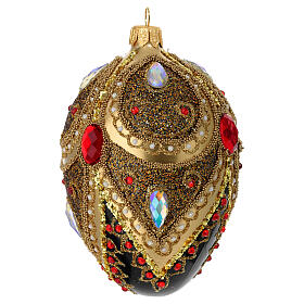 Egg-shaped Christmas ball, black blown glass with gold lines, gold glitter, red and white strass, 2.5 in