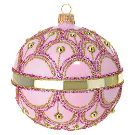 Polished pink Christmas ball, blown glass with gold line, gold and pink glitter pattern, 4 in