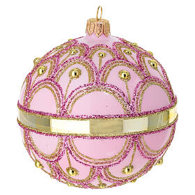 Polished pink Christmas ball, blown glass with gold line, gold and pink glitter pattern, 4 in