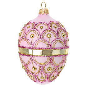 Egg-shaped Christmas ball, pink blown glass with gold band, pink and gold glitter, 2.5 in