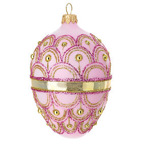 Egg-shaped Christmas ball, pink blown glass with gold band, pink and gold glitter, 2.5 in