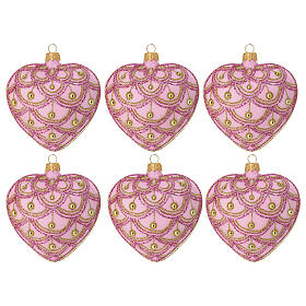 Set of 6 heart-shaped Christmas balls, pink blown glass with pink and gold glitter pattern, 3.5 in