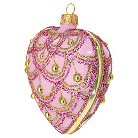 Set of 6 heart-shaped Christmas balls, pink blown glass with pink and gold glitter pattern, 3.5 in