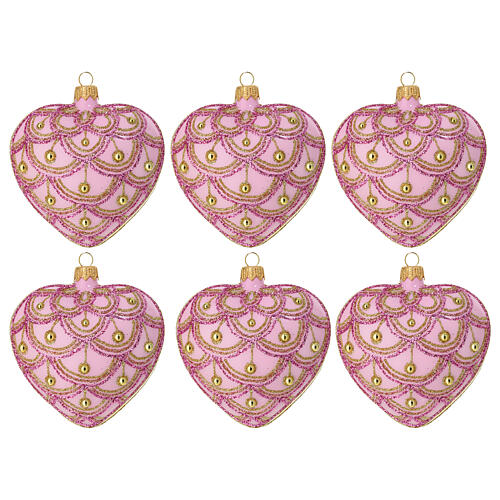 Set of 6 heart-shaped Christmas balls, pink blown glass with pink and gold glitter pattern, 3.5 in 1