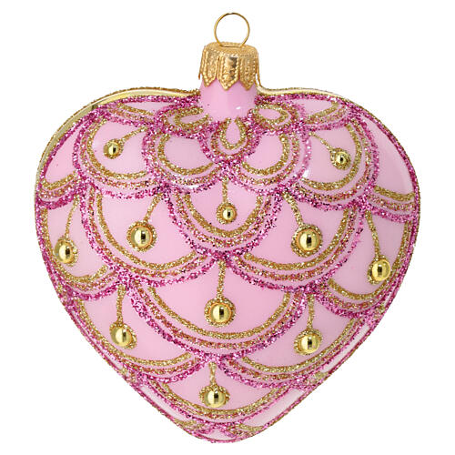 Set of 6 heart-shaped Christmas balls, pink blown glass with pink and gold glitter pattern, 3.5 in 3