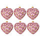 Set of 6 heart-shaped Christmas balls, pink blown glass with pink and gold glitter pattern, 3.5 in s1