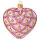 Set of 6 heart-shaped Christmas balls, pink blown glass with pink and gold glitter pattern, 3.5 in s3