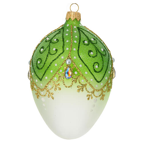 Egg-shaped Christmas ball, dull blown glass with green and gold decorations, glitter and strass, 2.5 in 1