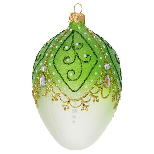 Egg-shaped Christmas ball, dull blown glass with green and gold decorations, glitter and strass, 2.5 in 2