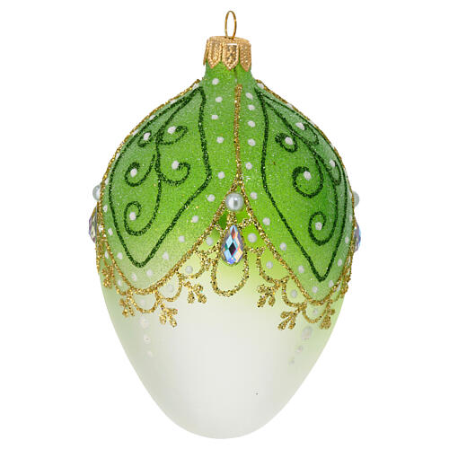 Egg-shaped Christmas ball, dull blown glass with green and gold decorations, glitter and strass, 2.5 in 3