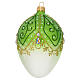 Egg-shaped Christmas ball, dull blown glass with green and gold decorations, glitter and strass, 2.5 in s1