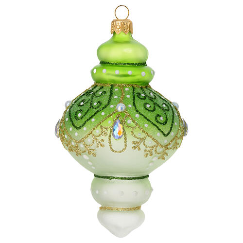 Christmas ornament of dull blown glass, green and white with glitter decorations, 2.5 in 1