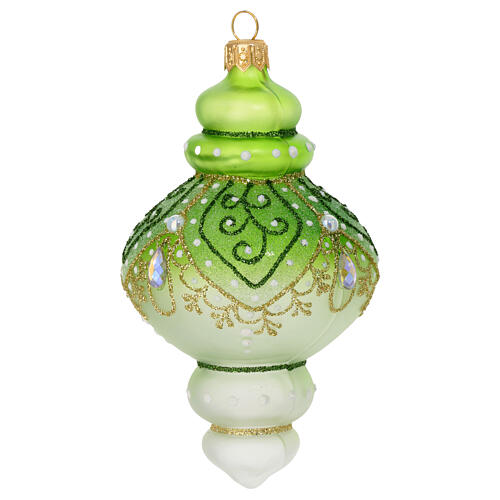 Christmas ornament of dull blown glass, green and white with glitter decorations, 2.5 in 2