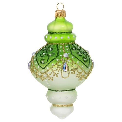 Christmas ornament of dull blown glass, green and white with glitter decorations, 2.5 in 3