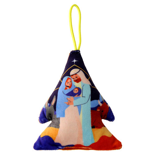 Nativity Scene print on fabric tree-shaped ornament, 4x2 in 1