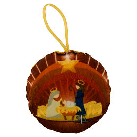 Nativity Scene on fabric Christmas ball, 3.5 in