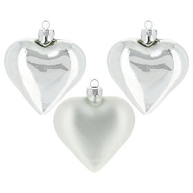 Set of 3 Christmas balls, silver glass hearts of 3 in