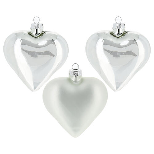 Set of 3 Christmas balls, silver glass hearts of 3 in 2