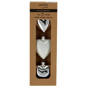 Set of 3 pcs Christmas silver heart glass baubles 8 cm