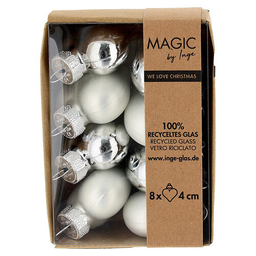 Box of 8 Christmas balls, silver heart of recycled glass, 1.6 in 1