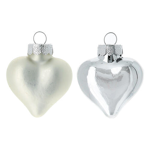 Box of 8 pcs Christmas baubles heart silver recycled glass 4 cm 2