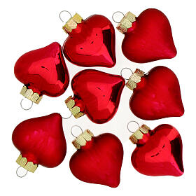 Box of 8 Christmas balls, red recycled glass hearts of 1.6 in