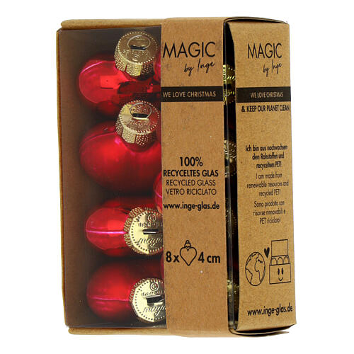 Boîte 8 pcs boules Noël coeur rouge verre recyclé 4 cm 1