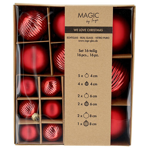 Set of 16 Christmas balls, red glass, 1.6-2.4x3 in 1