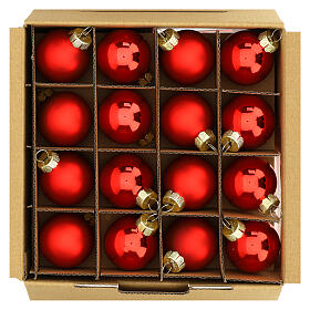 Box of 42 red glass Christmas ornaments, different sizes, 1.6-2.4-3 in