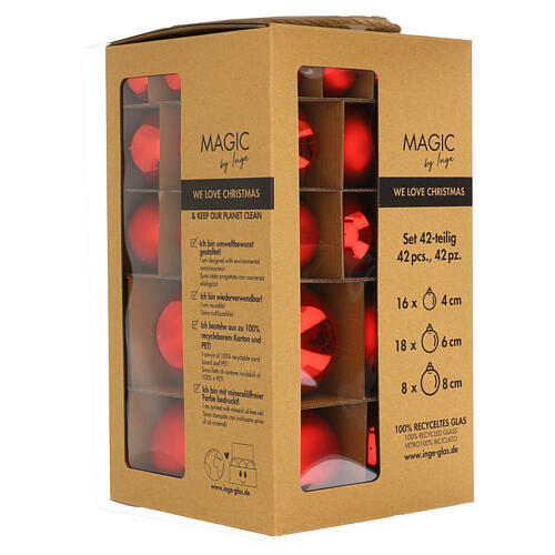 Caixa bolas 42 peças Natal cor vermelha tamanhos vários vidro 4-6-8 cm 1