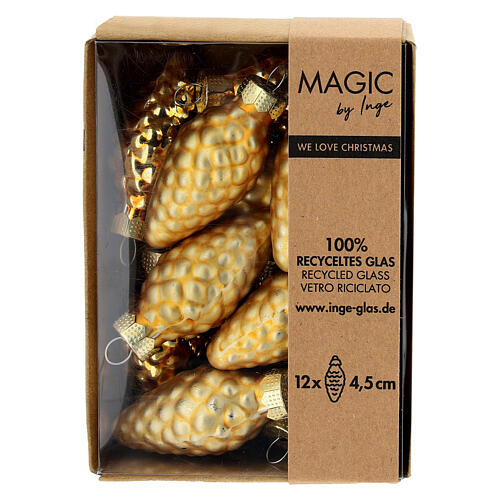 Boîte 12 boules Noël pommes de pin verre recyclé doré 4,5 cm 1