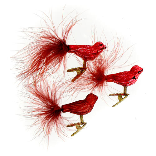 Christmas tree ornaments, set of 3 birds with feathers, red recycled glass, 1.8 in 2