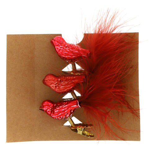 Addobbo albero Natale uccellini piuma 3 pz vetro riciclato rosso 4,5 cm 3