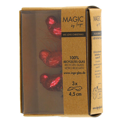 Komplet bombek z gołąbkami, pióra kolor czerwony – ozdoby choinkowe ze szkła recyklingowego, 3 szt., 4,5 cm 1