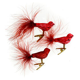 Christmas tree decoration with feather birds 3 pcs red recycled glass 4.5 cm