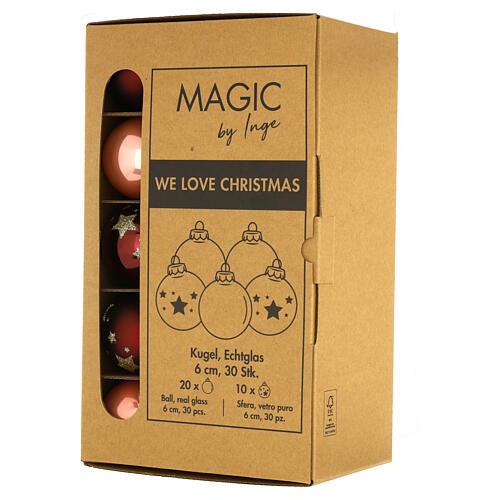 Weihnachtskugeln, 30er-Set, aus recyceltem Glas, rot-bordeaux-altrosa, Ø 6 cm 1