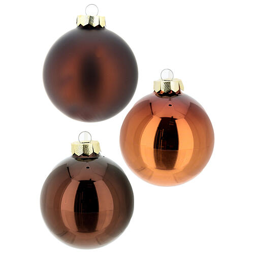 Christmas balls, set of 12, dark brown and copper glass, 3 in 1