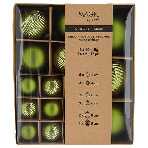 Bombki choinkowe – zestaw 16 sztuk, szkło, 4/6/8 cm, zielony neon 1