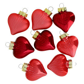 Box of 8 pcs Christmas baubles heart pink-red dark washed recycled glass 4 cm