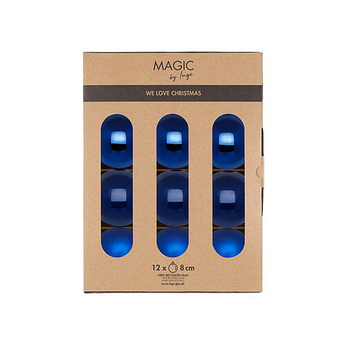 Box of 12 blue Christmas balls, glass, 3 in 2