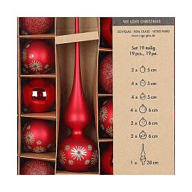 Weihnachtsbaumschmuck, 19-teiliges Set, aus Glas, rot, inklusive Baumspitze, Ø 5–6 cm / H 28 cm