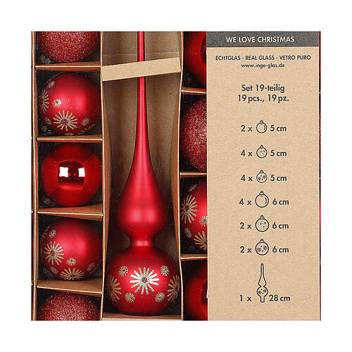 Weihnachtsbaumschmuck, 19-teiliges Set, aus Glas, rot, inklusive Baumspitze, Ø 5–6 cm / H 28 cm 2