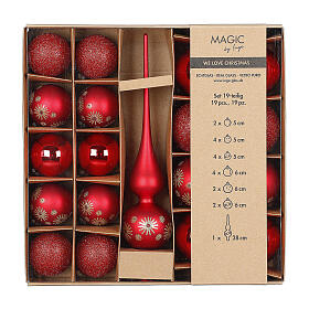 Set of tree topper and red Christmas balls, different sizes, glass, 19 pieces