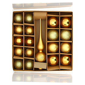 Box of 19 pcs gold-colored Christmas balls and tree topper, various glass sizes