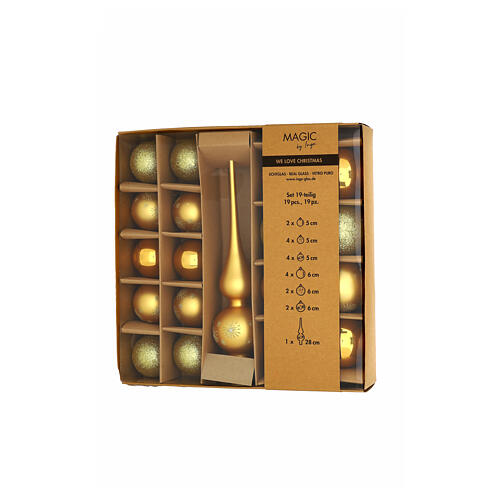 Box of 19 pcs gold-colored Christmas balls and tree topper, various glass sizes 1
